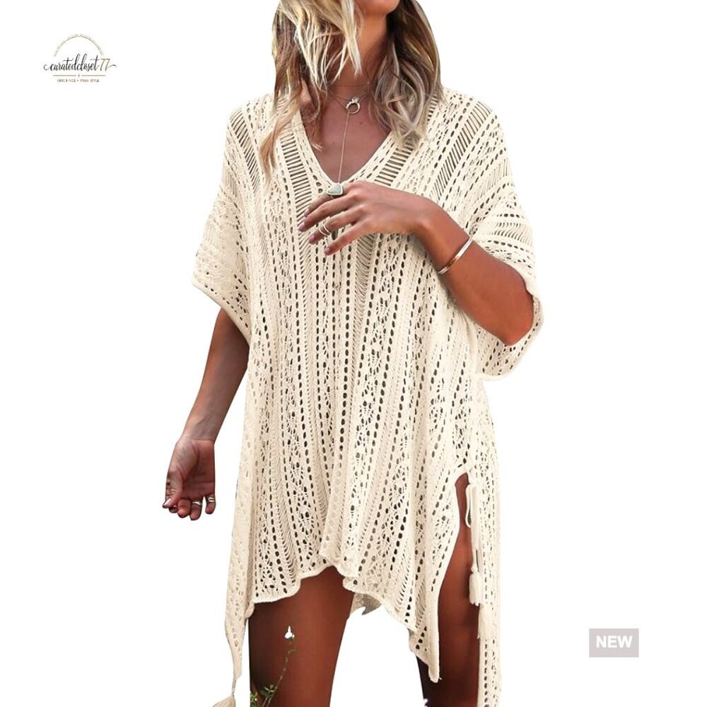 Crochet Beach Cover Up Dress, Loose Fit Polyester, V-Neck Drawstring